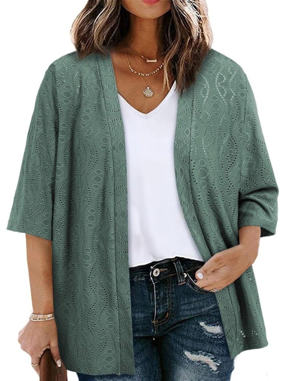 Plus Size Cardigan for Women Half Sleeve Knitted Jacquard Summer Kimono Cover up